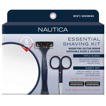Nautica 5 Piece Essential Shaving Kit with 15x Mirror, Scissors, Razor &amp; 2 Razor Heads