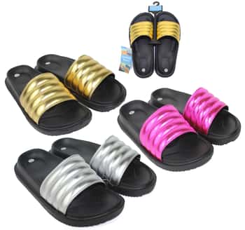 Coastal Kicks Women's Black Moto Slide Sandals w/ Metallic Straps