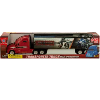 Friction Powered Trailer Truck with Motorcycle Decals