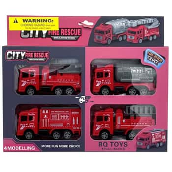 4 Pack Pull Back Fire and Rescue Toy Truck Set