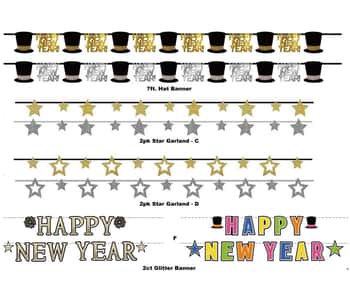 New Year Banner Assortment 6ast 5-7ft Hat/star/happy Ny Pbh