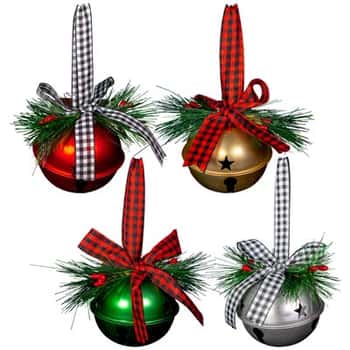Jingle Bell Orn/door Hanger 3in 4ast Clr Ea W/2ast Check Ribbon W/pine Decor/xmas Ht