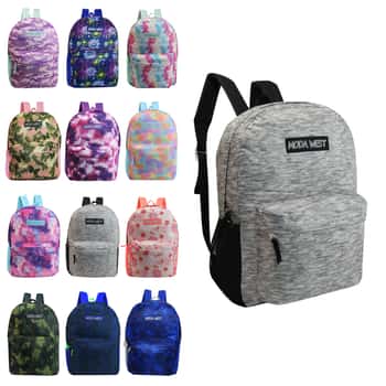 17" Lightweight Classic Style Printed Backpacks w/ Adjustable Padded Straps - Heathered, Camo, & Tie-Dye Print
