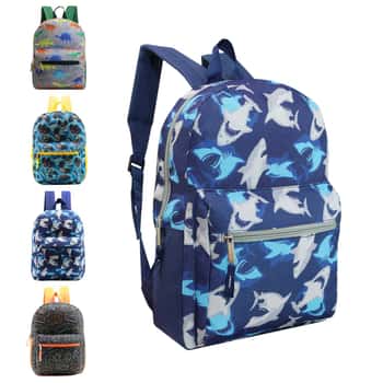 15" Lightweight Classic Style Printed Backpacks w/ Adjustable Padded Straps - Shark, Dinosaur, & Video Game Print