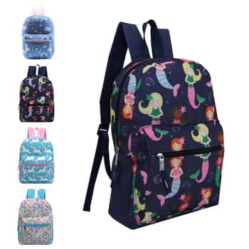 15" Lightweight Classic Style Printed Backpacks w/ Adjustable Padded Straps - Mermaid, Unicorn, & Rainbow Print