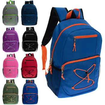 17" Two Tone Bungee Backpacks w/ Adjustable Padded Straps and Mesh Cargo Pockets - Assorted Colors