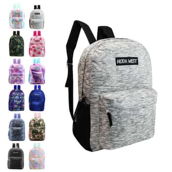 17" Lightweight Classic Style Printed Backpacks w/ Adjustable Padded Straps - Heathered, Tie-Dye, & Camo Print