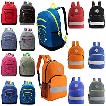 17" Lightweight Classic & Bungee Backpacks w/ Mesh Side Pockets & Reflective Strap - Two Tone & Neon Colors