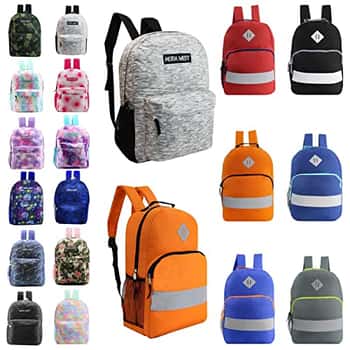 17" Lightweight Classic & Two-Tone Backpacks w/ Mesh Side Pockets & Reflective Strap - Assorted Print & Neon Colors