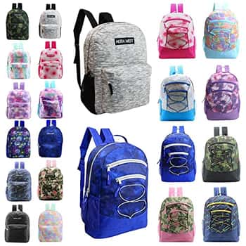 17" Lightweight Classic & Bungee Backpacks w/ Mesh Side Pockets - Heathered, Tie-Dye, Camo & Solid Colors