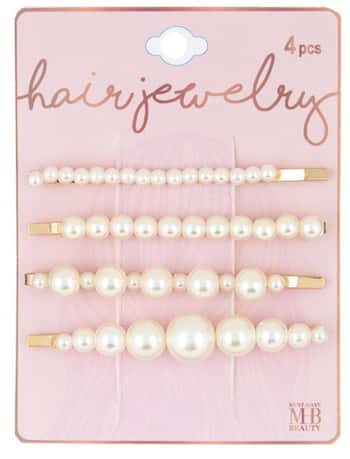 Gold Hair Barrettes w/ Pearl Embelishment in Assorted Sizes - 4-Pack