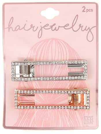Silver & Rose Gold Hair Barrettes w/ Embroidered Rhinestones - 2-Pack