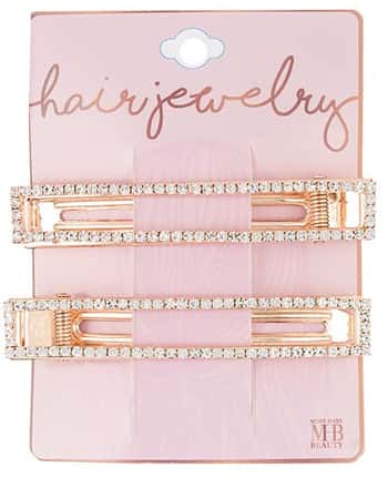 Rose Gold Hair Barrettes w/ Embroidered Rhinestones - 2-Pack