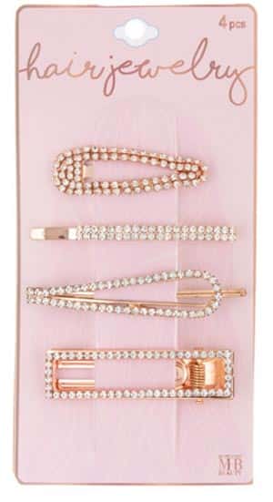 Rose Gold Hair Barrettes & Hair Clip Set w/ Embroidered Rhinestone - 4-Pack