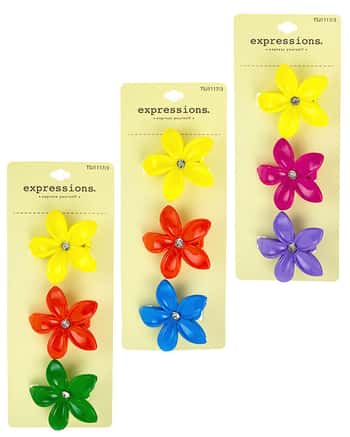 Small Flower Hair Clips w/ Jewel Embelishment - 3-Pack