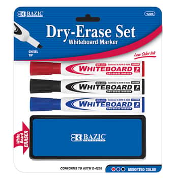 3 Asst. Color Chisel Tip Dry Erase Marker w/ Eraser