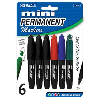 Assorted Color Mini Fine Point Permanent Marker w/ Cap Clip (6/Pack)