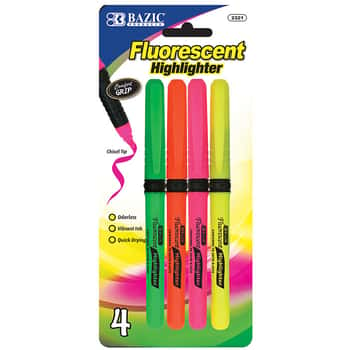 Pen Style Fluorescent Highlighters w/ Cushion Grip (4/Pack)