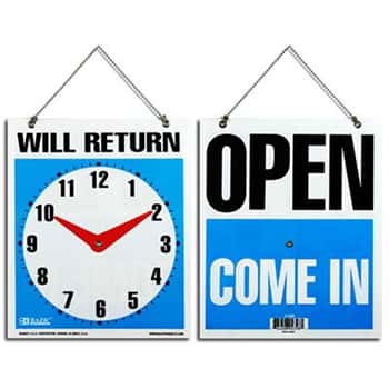 7.5" X 9" "Will Return" Clock Sign w/ "Open" Sign On Back