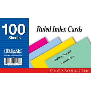 100 Ct. 3" X 5" Ruled Colored Index Card