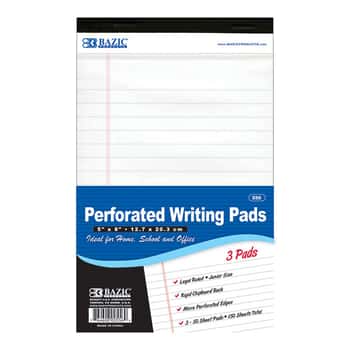 50 Ct. 5" X 8" White Jr. Perforated Writing Pad (3/Pack)