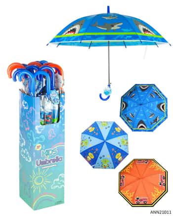 26" Printed Children's Umbrellas w/ Retail Display - Shark, Firetruck, & Robot Print