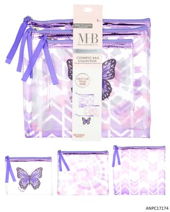 MHB (Must Have Beuaty) Premium 3 PC. Cosmetic Bag Sets w/ Butterfly & Tie-Dye Print - Purple