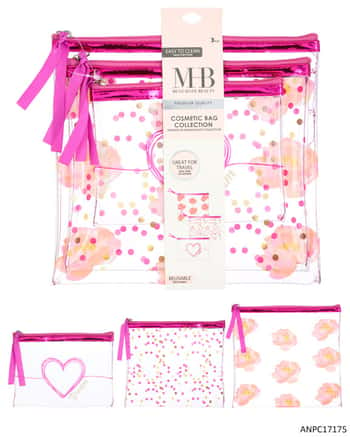 MHB (Must Have Beuaty) Premium 3 PC. Cosmetic Bag Sets w/ Polka Dot & Heart Print - Metallic Pink
