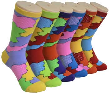 Women's Novelty Crew Socks - Colorful Jigsaw & Polka Dot Print - Size 9-11