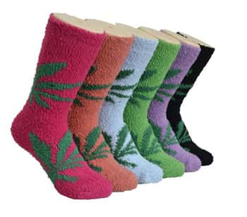 Women's Fuzzy Crew Socks - Marijuana Leaf Prints - Size 9-11