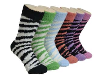 Women's Fuzzy Crew Socks - Striped Prints - Size 9-11