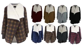 Women's Sherpa Lined Waterful Cardigan Jackets w/ Plaid Pattern Print - Choose Your Color(s)