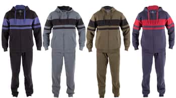 Men's 2-Piece Fleece Lined Sweatshirt & Sweatpants Sets w/ Two Tone Atheltic Stripes - Choose Your Color(s)