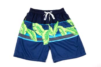Men's Printed Swim Trunks with Adjustable Waist Drawstring  - Palm Leaf & Striped Print