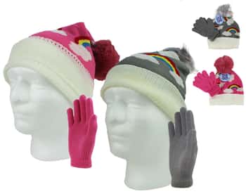 Girl's Premium Knit Winter Hat & Glove Sets w/ Rainbow Print & Faux Fur Pom Pom