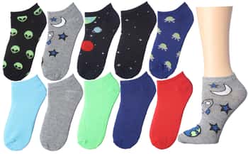 Teen Boy's/Women's No Show Socks - Space Prints - Size 9-11 - 10-Pair Packs