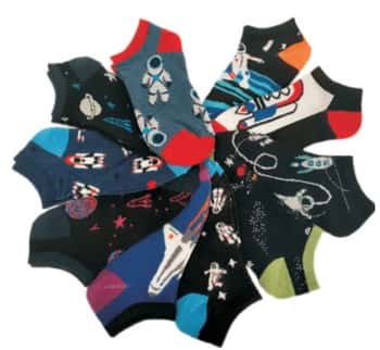 Boy's No Show Novelty Socks - Astronaut & Space Print - 10-Pair Packs - Size 6-8