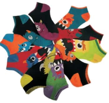 Boy's No Show Novelty Socks - Creepy Crawlers & Monster Face Print - 10-Pair Packs - Size 6-8