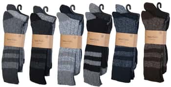 Men's Wool Blend Marled Ribbed Knit Thermal Boot Socks w/ Rugby Stripes - Size 10-13 - 2-Pair Packs