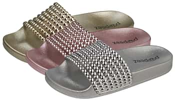 Girl's Metallic Slide Sandals w/ Pearl Studded Strap