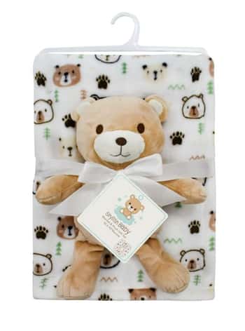30" x 40" Printed Baby Blanket w/ Plush Teddy Bear