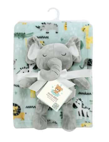 30" x 40" Zoo Animal Printed Baby Blanket w/ Plush Elephant