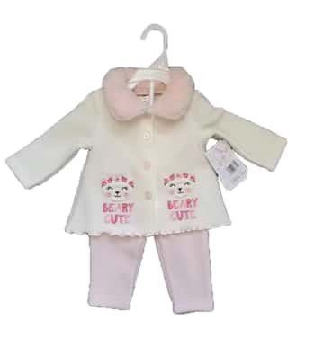 2-Piece Hooded Fleece Shirt & Pants w/ Applique Design Print & Sherpa Trim - 0-9M - Embroidered Kitty Cat