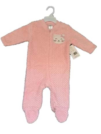 260 GSM Textured Coral Fleece Baby's Onesies w/ Embroidered Applique - 0-9M - Kitty Cat Patch