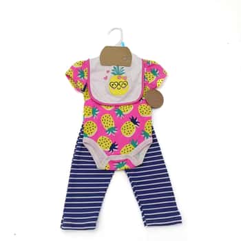 3-Piece Printed Romper, Pants, & Embroidered Bib Sets - Pineapple & Stripes