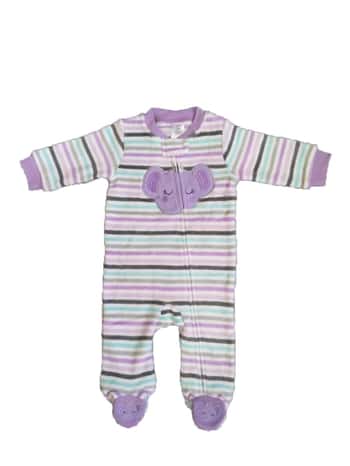 Baby's Coral Fleece Printed Onesies w/ Embroidered Applique - 0-9M -Two Tone Stripes & Elephant Print