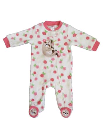 Baby's Coral Fleece Printed Onesies w/ Embroidered Applique - 0-9M - Sloth & Roses