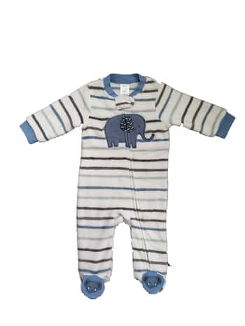 Baby's Coral Fleece Printed Onesies w/ Embroidered Applique - 0-9M - Elephants & Striped Print
