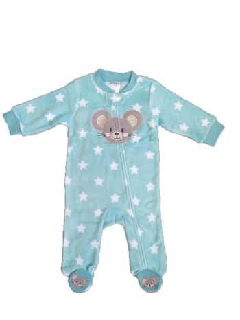 Baby's Coral Fleece Printed Onesies w/ Embroidered Applique - 0-9M - Nightime Mouse