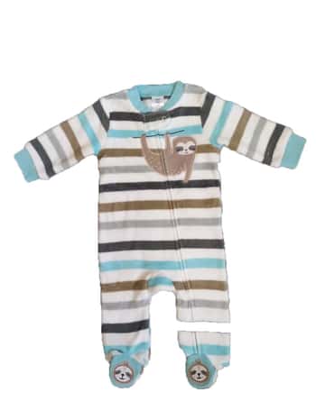 Baby's Coral Fleece Printed Onesies w/ Embroidered Applique - 0-9M - Sloth & Stipes